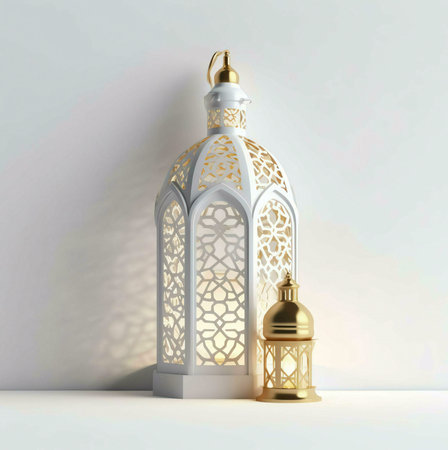 Two ornate lanterns, one white and one gold, stand against a white background, representing the spirit of Ramadan.の写真素材