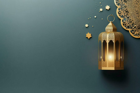 An ornate gold lantern with a lit candle, symbolizing the spirit of Ramadan. It is on a teal...