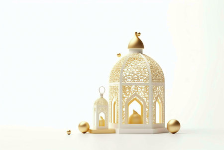 A pair of golden lanterns with intricate designs stand on a white background. The lanterns are decorated with traditional Islamic patterns and are illuminated by a candle inside. The image evokes a sense of peace and serenity.の写真素材