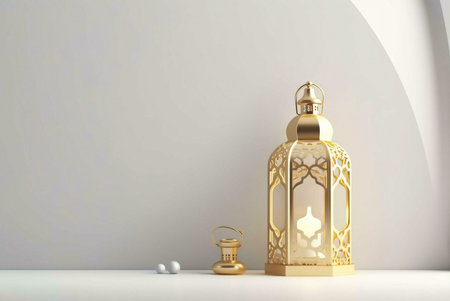 A golden lantern with intricate designs on a white background, perfect for celebrating Ramadan or other Islamic holidays.の写真素材