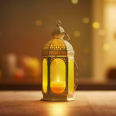 A close-up image of a golden lantern with a candle inside, glowing warmly. The lantern is ornately...