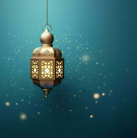 A golden lantern with intricate designs hangs against a blue background with sparkling lights. The lantern is glowing, casting a warm light. This image is a celebration of Ramadan and Islamic culture.の写真素材