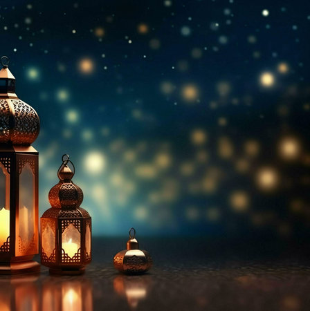 Three ornate lanterns with glowing candles, set against a dark blue background with a bokeh effect, creating a beautiful and festive atmosphere.の写真素材