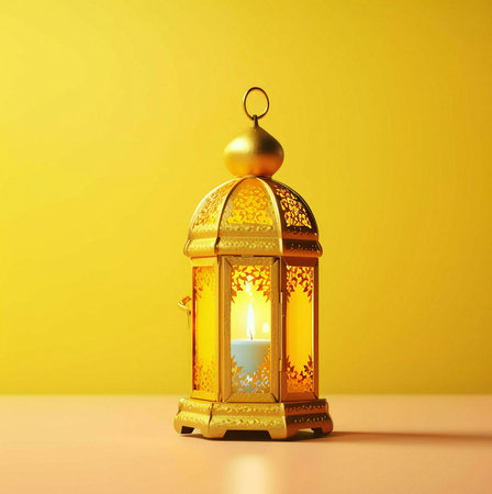 A golden lantern with intricate designs and a lit candle inside, set against a warm yellow background. The lantern symbolizes hope and faith during the holy month of Ramadan.の写真素材