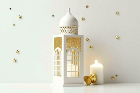 A white lantern with gold accents stands on a white surface with a candle and scattered gold stars.の写真素材