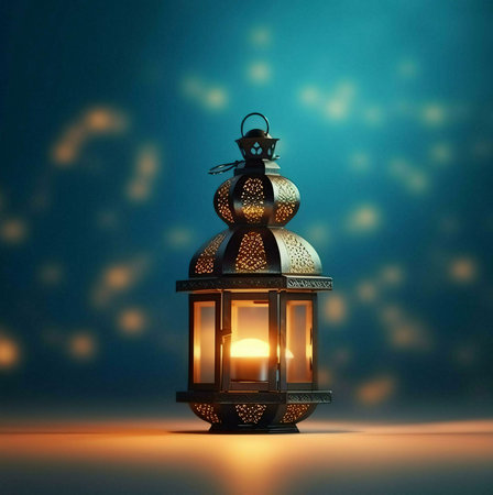 A single ornate metal lantern, with a lit candle inside, stands on a table against a blue background with a blurred bokeh effect. The lantern is elaborately decorated with intricate patterns.の写真素材