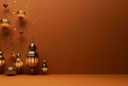 A collection of golden lanterns with intricate details and a warm glow, suspended against a brown background. They symbolize festive celebrations and cultural heritage.の写真素材