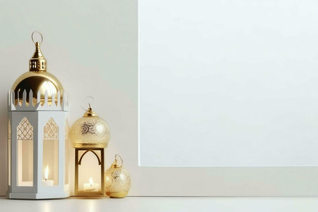 Three golden lanterns with intricate details, illuminated by candles, placed on a white surface against a white backgroundの写真素材