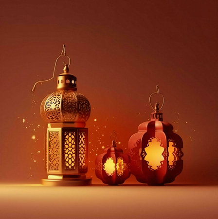 Three ornate lanterns, one golden and two red, emit a warm, inviting glow, creating a festive atmosphere for a special celebration. The intricate details on the lanterns and the gentle light they cast add a touch of elegance and spirituality to the image.の写真素材