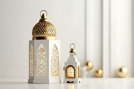 Two lanterns, one large and one small, sit on a white background. The lanterns are decorated with intricate patterns and have a golden hue. The smaller lantern is lit and casts a soft glow.の写真素材