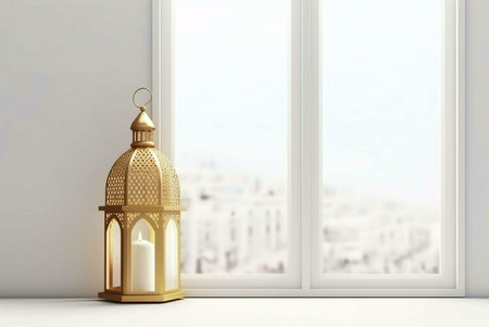 A golden Ramadan lantern with a lit candle sits on a windowsill, with a view of a blurred cityscape outside. The lantern is intricately designed with a patterned metal frame and glass panels.の写真素材