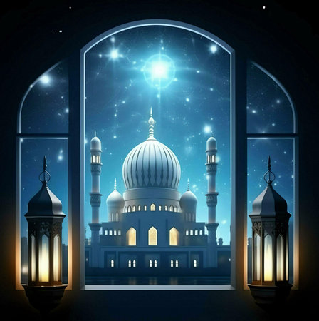 A window view showcasing a majestic mosque illuminated by the moonlight, surrounded by twinkling stars, with a sense of peace and tranquility.の写真素材