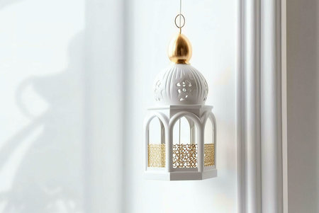 A white lantern with gold details hanging from a white wall. The lantern has intricate patterns and a traditional Islamic design.の写真素材