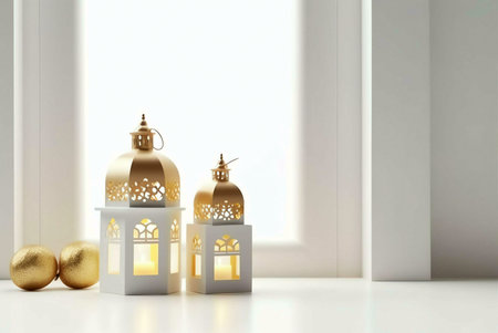 Two golden lanterns with intricate designs stand by a window, radiating a warm glow, symbolizing celebration and tradition.の写真素材