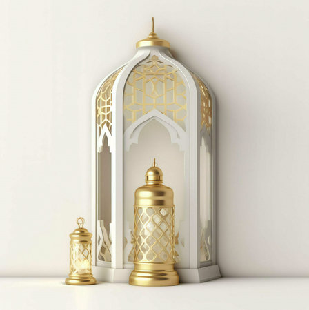 Two golden lanterns with intricate patterns, the larger one inside a white decorative cage,...