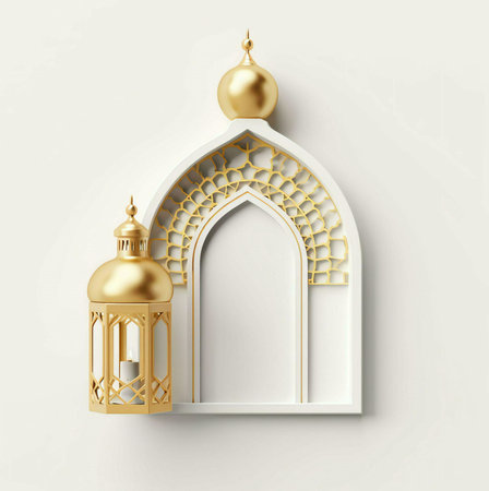 A golden Islamic lantern with design intricately hanging on an arch with a white background.