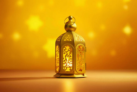 A golden lantern with designs intricately against a blurred background of golden stars. The lantern is a symbol of Ramadan and Eid, representing light, hope, and celebration.の写真素材
