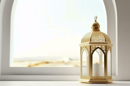 A beautiful golden Ramadan lantern with intricate designs and a lit candle inside, positioned against a white window with an archway. The scene is reminiscent of the Islamic holiday and its traditions.の写真素材