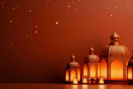 A still life image featuring a row of golden lanterns with candle flames glowing inside, set against a warm red background with subtle twinkling sparkles.の写真素材