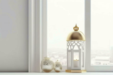 A white and gold decorative lantern stands on a window sill with a candle inside. The lantern has a design intricately and is illuminated by the candle. The window looks out onto a city skyline.の写真素材