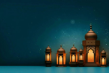 A group of traditional lanterns glowing against a dark blue sky, symbolizing the spirit of Ramadan.の写真素材