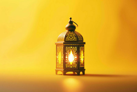 A golden lantern with details intricately standing on a yellow background, casting a warm glow.の写真素材