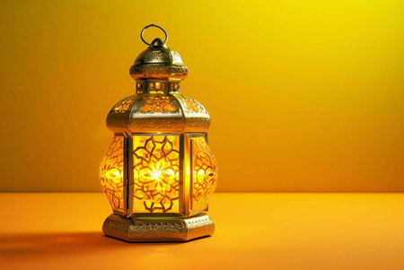 A golden lantern with details intricately glows brightly on a yellow background, evoking a sense of celebration and peace.の写真素材