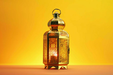 A close-up of a traditional gold lantern with intricate details and a lit candle inside.の写真素材