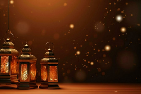 Three golden lanterns with warm glow on a dark backgroundの写真素材