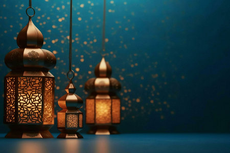 Three ornate lanterns with intricate designs and a warm glow hang against a dark blue background.の写真素材