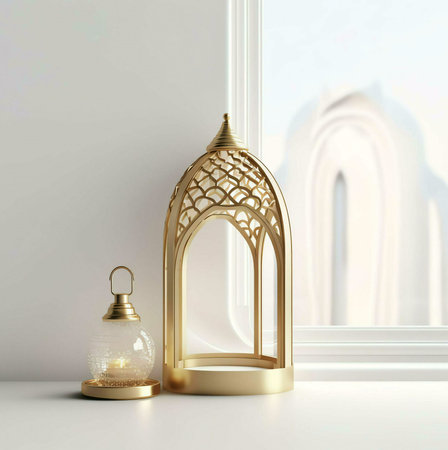 Two golden Ramadan lanterns on a white windowsill, one larger and more ornate, the other smaller and more delicate. The lanterns are illuminated by candles, casting a warm glow on the white surface.の写真素材