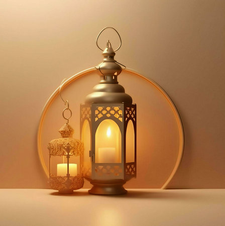 Two golden lanterns with intricate designs, casting a warm glow, against a soft beige background.の写真素材