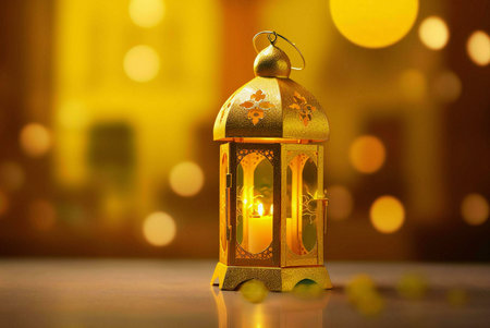 A golden lantern with a lit candle inside, set against a warm, blurry background of golden lights.の写真素材