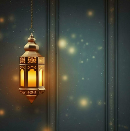 A traditional Ramadan lantern hanging on a teal background, illuminating with a soft warm glow. The lantern is intricately designed with golden patterns.の写真素材