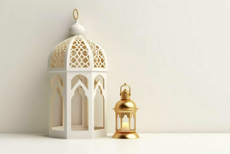 Two lanterns, one white and one gold, sit on a white surface against a white background. The lanterns are decorated with intricate designs and the gold lantern has a lit candle inside.の写真素材