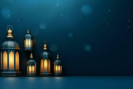 A row of ornate gold lanterns with glowing lights on a blue background. The lanterns are arranged in a line from left to right, with the largest one in the center.の写真素材
