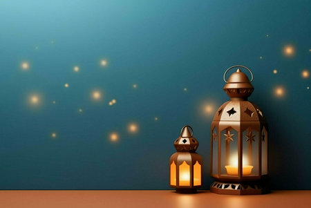 Two decorative lanterns with glowing candles against a blue background with sparkling lights.の写真素材