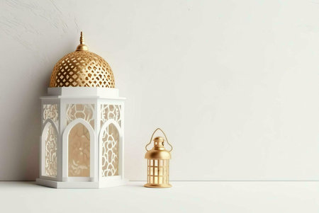Two Islamic lanterns, one large and one small, stand on a white background. The larger lantern is...