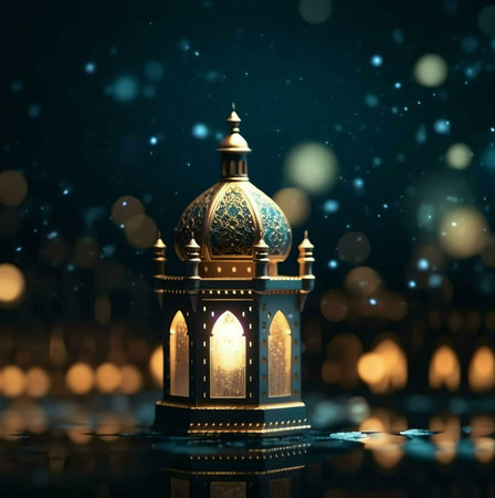 A golden lantern with intricate designs, lit by a warm candle, stands against a dark background with shimmering bokeh lights. The lantern reflects in the water, creating a serene and captivating scene.の写真素材