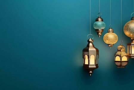 A teal background with several hanging golden lanterns, some with intricate carvings. The lanterns are lit and glowing, creating a warm and inviting atmosphere.の写真素材