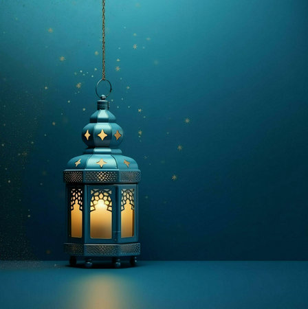 A blue Islamic lantern hangs against a teal background with golden stars. The lantern is lit and...