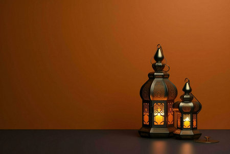 Two ornate lanterns with candles burning inside, on a table with a brown background. The lanterns have intricate designs, with a simple and minimalist composition. The warm glow of the candles and the dark background create a serene and spiritual atmosphere.の写真素材