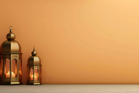 Two golden lanterns with intricate designs illuminate the background with a warm, inviting glow. The lanterns are positioned against a peach wall, creating a simple, elegant scene.の写真素材