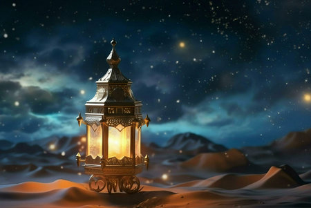 A golden lantern illuminates the desert landscape under a starry sky. The light from the lantern casts a warm glow on the sand, creating a peaceful and mystical atmosphere.の写真素材