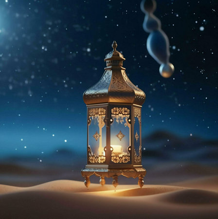 A golden lantern with details sits intricately in a desert landscape under a starry night. The light from the candle inside casts a warm glow, creating a sense of peace and serenity.の写真素材