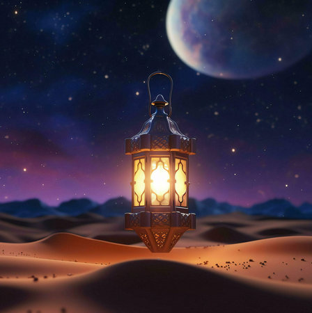 A glowing lantern stands on a desert dune under a starry night sky with a crescent moon.