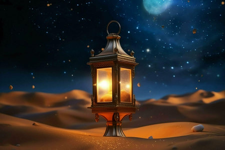 A golden lantern glows brightly in the desert night, casting a warm light against the dark sky....