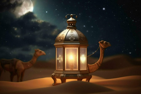 A camel silhouette against the backdrop of a starry night sky. A golden lantern glows brightly, illuminating the desert landscape.の写真素材