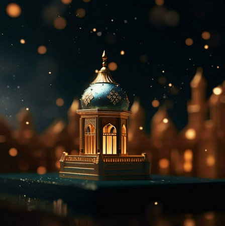 A beautiful golden mosque illuminated with warm light against a dark background.の写真素材