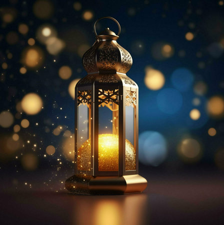 A golden lantern with intricate details and a warm, glowing candle inside. The background is a soft blur of bokeh lights.の写真素材
